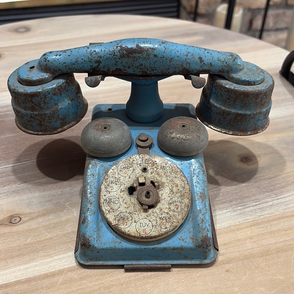 Blue Tin Toy Telephone, vintage 1940s -1950s